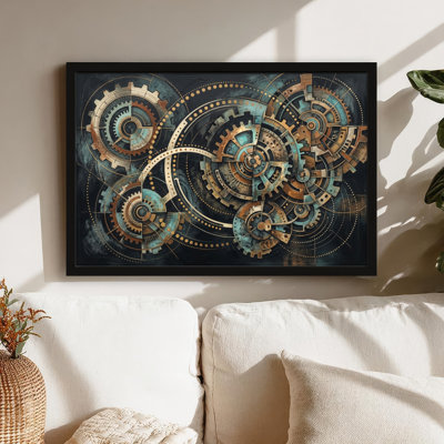 Art mural sur toile noir encadré pour le salon, la chambre à coucher, le bureau ou le vestibule - décoration murale décorative avec engrenages Steampunk