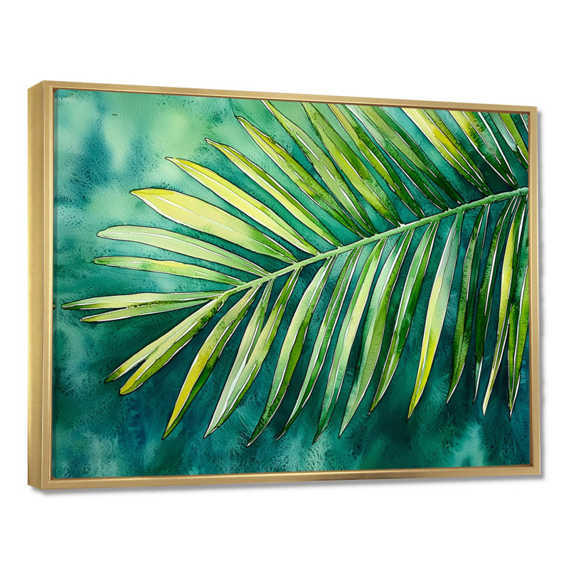 «Green Tropical Safari Palms II», art mural palmier, H 24 po x l 32 po, Picture Framed, Doré