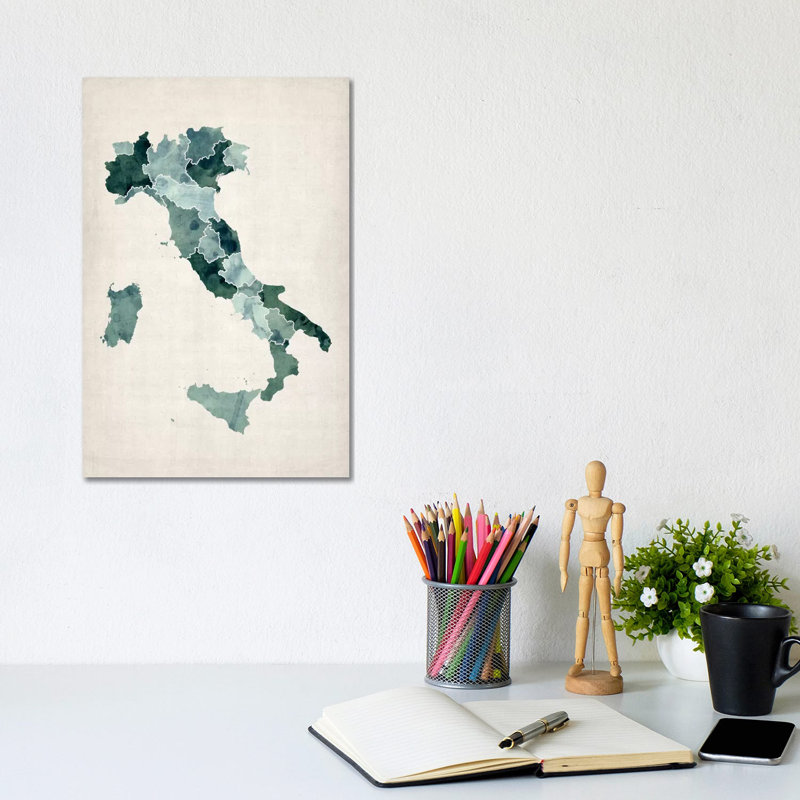 Watercolour Map Of Italy by Michael Tompsett - Wrapped Canvas Print, 20.32 cm H x 30.48 cm W