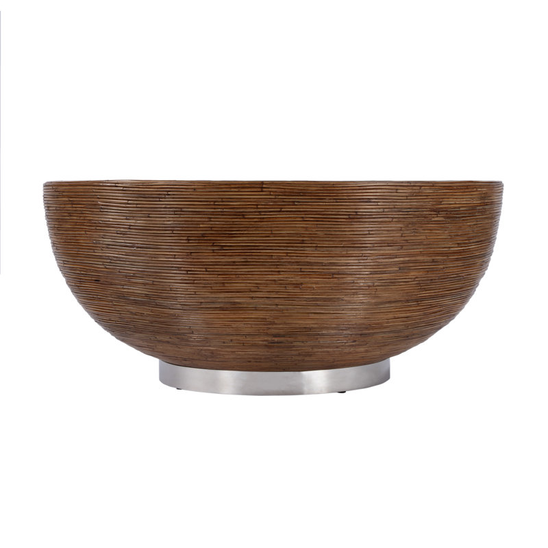 Brown Round Wood Coffee Table with Storage and Rattan Wrap