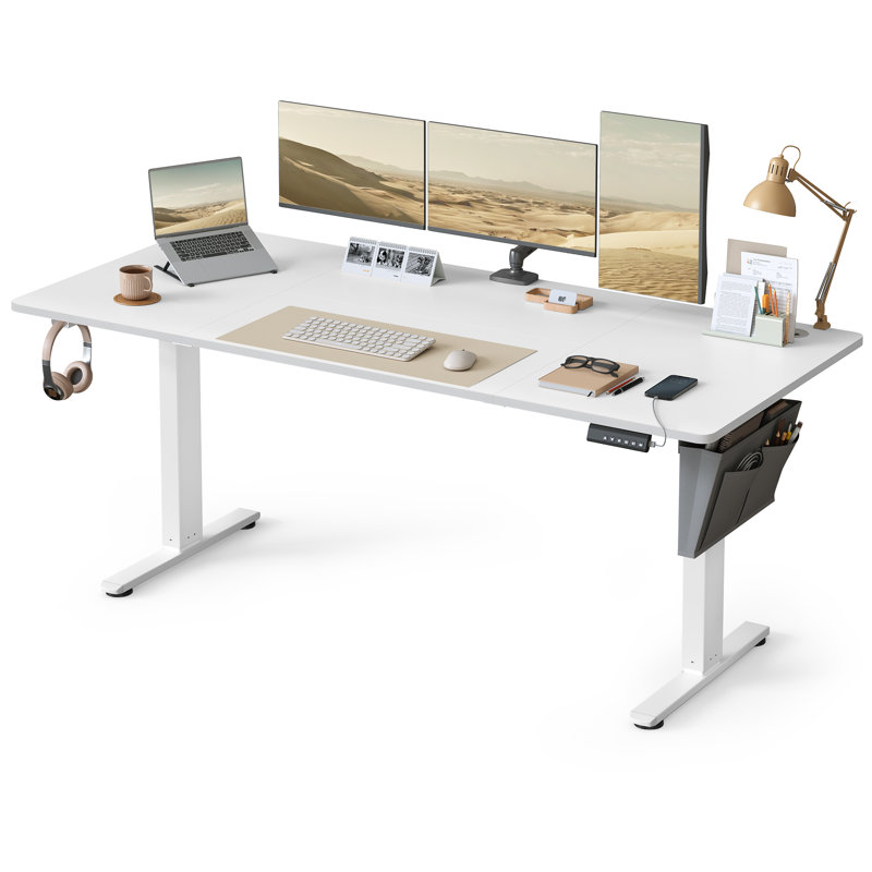 Adjustable Metal Base Standing Desk, Ivory/White, 160cm W x 70cm D 