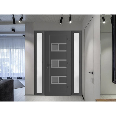 Porte avant en verre givré pré-suspendu extérieur en métal | Manux 8933 | 2 traverses latérales latérales | Portes de bureau commerciales et résidentielles, patio, garage, entrée 80 "(H80")