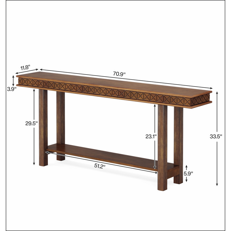 Console extra longue 70,9 po, canapé-lit en bois massif rustique derrière le canapé, table d'appoint à 2 niveaux avec rangement pour le salon