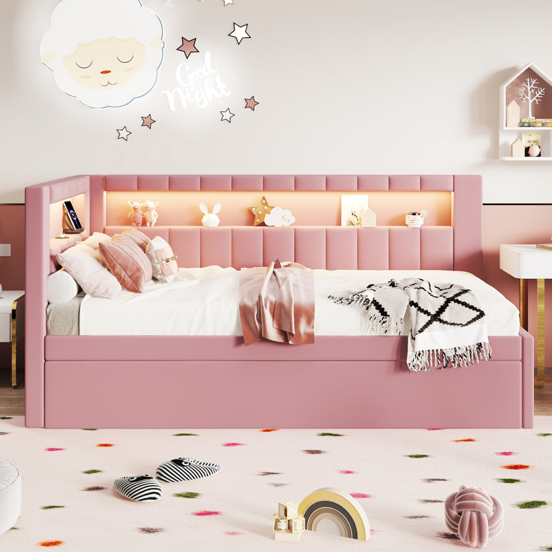 Upholstered  Platform Bed With USB Ports And LED Belt, Twin, Pink