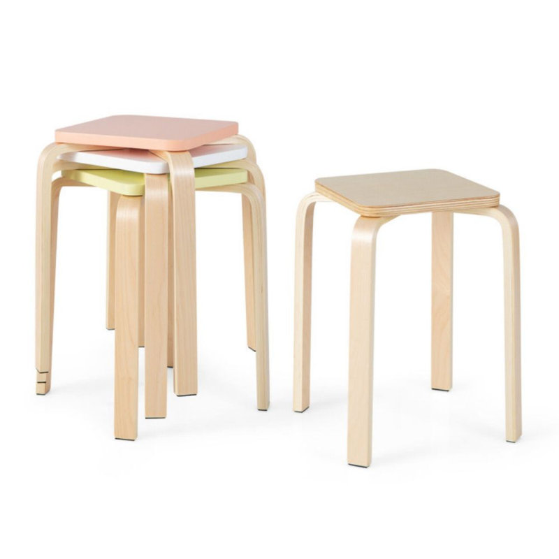 Ensemble de 4 tabourets empilables avec plateau carré et coins arrondis, Naturel / vert / rose
