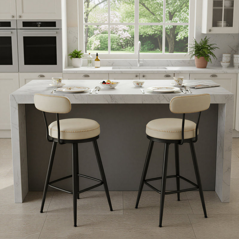 Tabourets Angelleah avec dossier, cuir synthétique, Tabouret de comptoir (siège d'une hauteur de 25,6, Blanc, crème