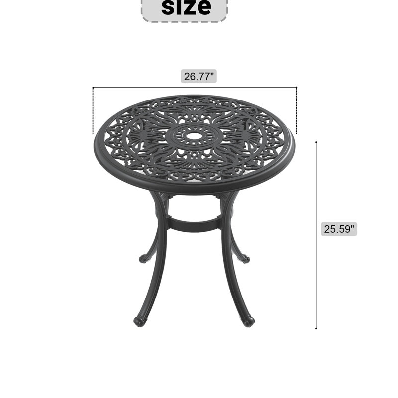 Table d'extérieur en aluminium coulé 27,34 po - structure noire, ouverture de parasol, 14,21 lb, rouille, capacité de poids de 160 lb, 4 sièges pour salle à manger noir, trou, siège