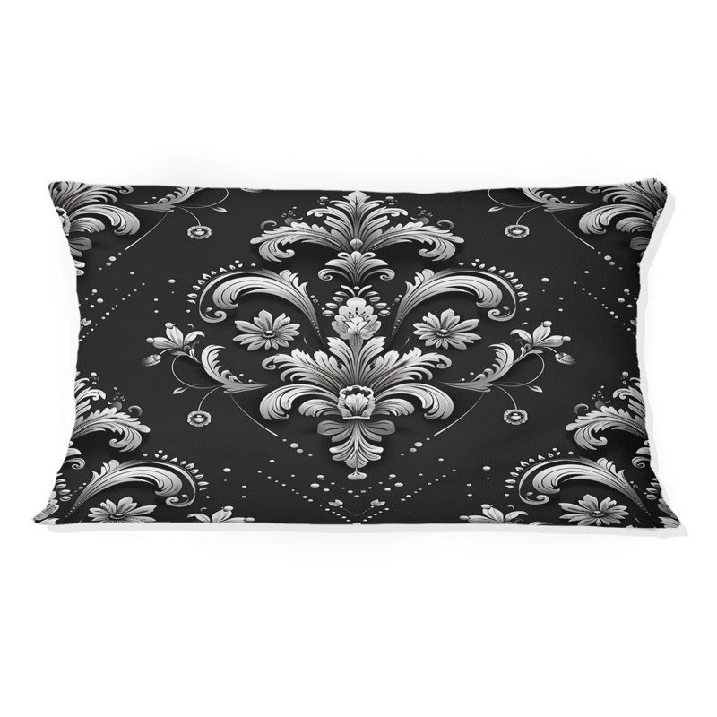 Coussin lombaire noir à imprimé damassé noir et argent IV