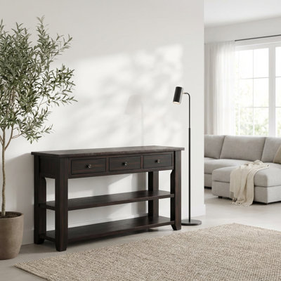 Console en bois de pin massif avec plateau vieilli, trois tiroirs et deux tablettes