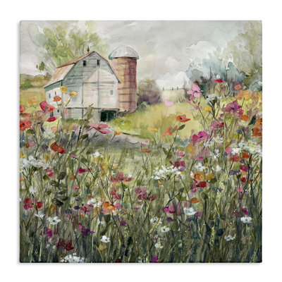 «Vibrant Flower Blossoms entourant la nature de la grange» par Carol Robinson - peinture sur toile tendue