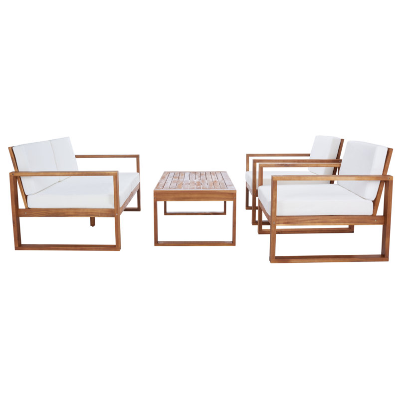 Ensemble de conversation en bois massif pour 4 personnes avec coussins Aneesha Tern, Naturel, Blanc