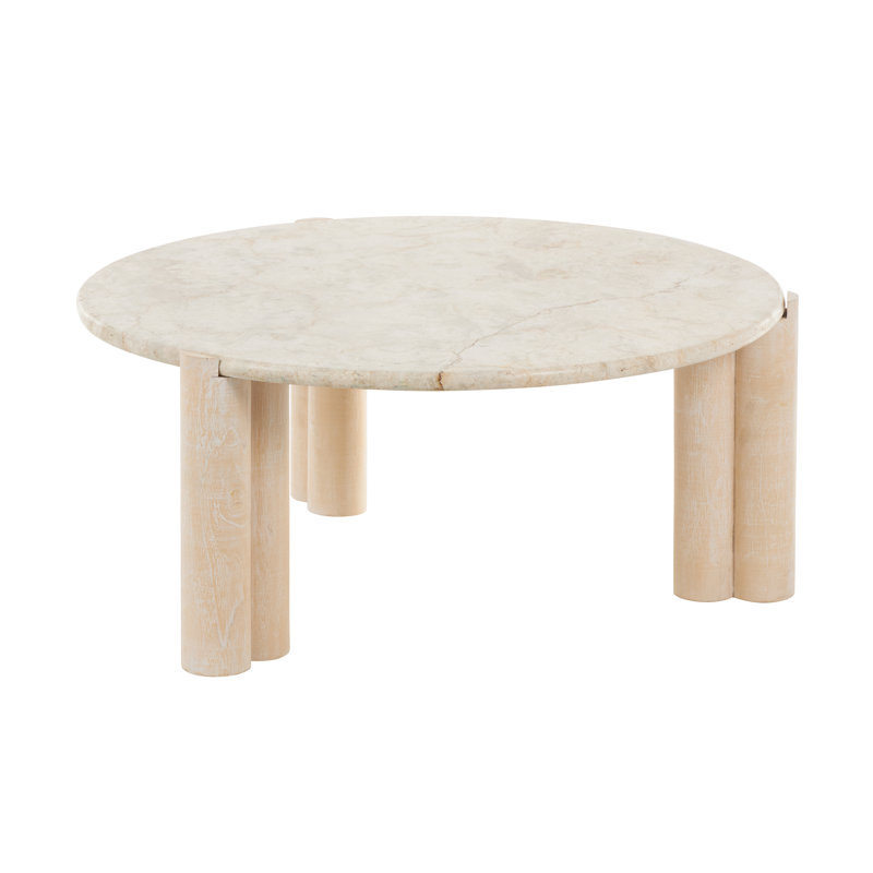 Cole And Grey Teak Wood Handmade Living Room Cream Coffee Table With Beige Marble Tabletop