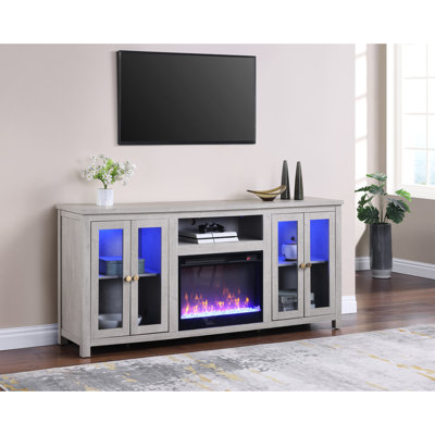 Console avec support pour téléviseur 70w à finition grise avec chaufferette, DEL, armoires, tablettes pour téléviseurs de 60 à 69 pouces, multiples options de flamme et de couleur, lumières de rangement à centre ouvert et choix, réglable