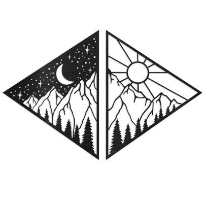 Art mural triangulaire avec montagne, étoiles, lune et arbres - bouleau baltique naturel