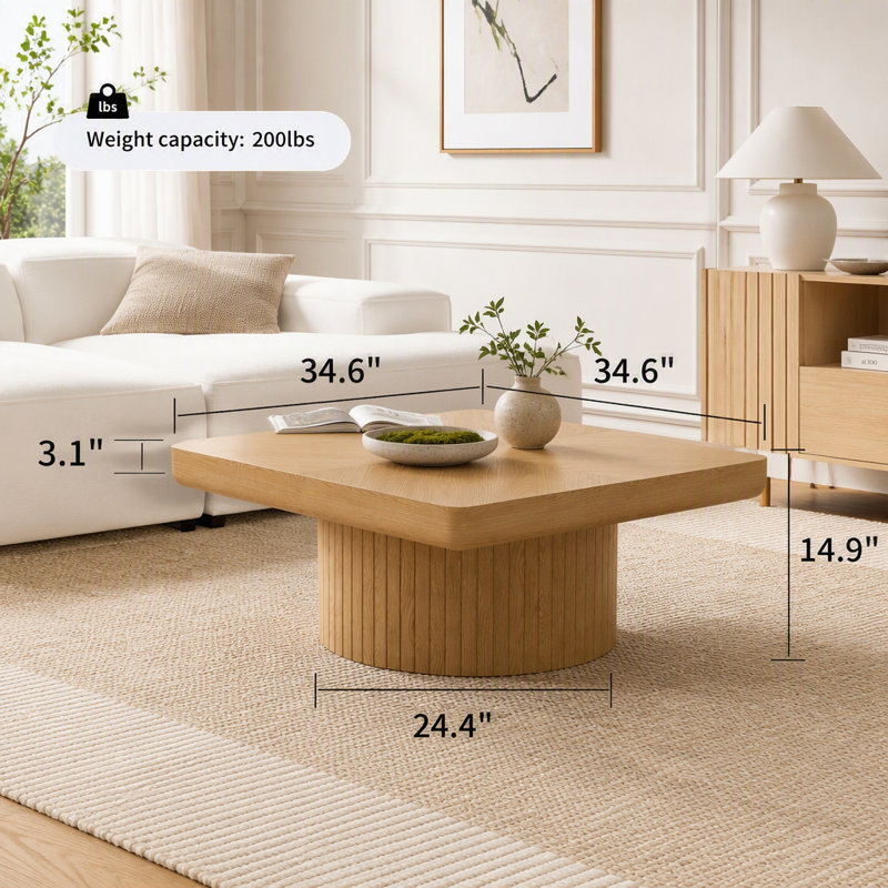 Table basse carrée avec plateau et base cylindrique, Natural Wood