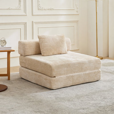 Compression Sofa,Convertible Floor Sofa Bed With Fixed-Shape Frame,Single Seater Boneless Modular Sectional Sofa,No Assembly Required,Chenille Fabric,For Living Room Bedroom,Beige
