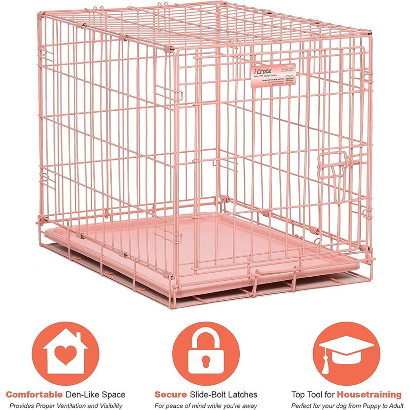 Pink Single-Door Folding Dog Crate – Small Size (12–20 Lbs), Reinforced Metal Frame, Divider Panel & Secure Latch, Portable Modern Design