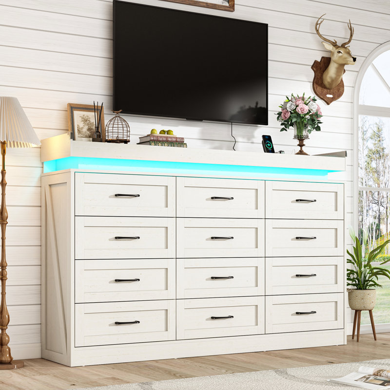 12 Drawer 71.00"W Dresser With LED Light And Charging Station, White