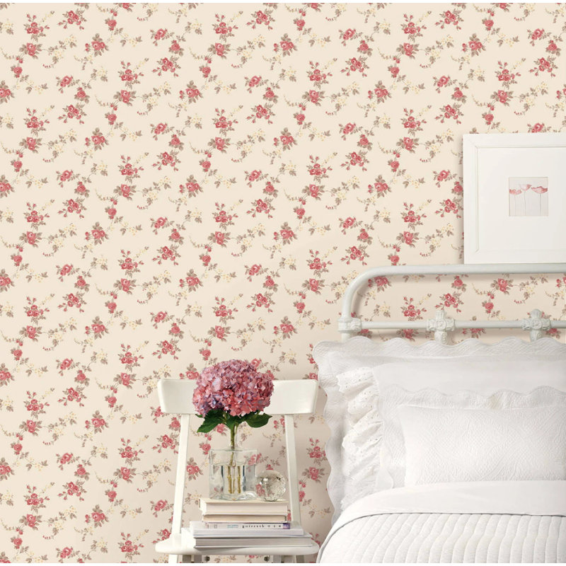 Rouleau de papier peint à motif floral rose 32,7 pi x 20,5 po Willingford, Rouge / Crème