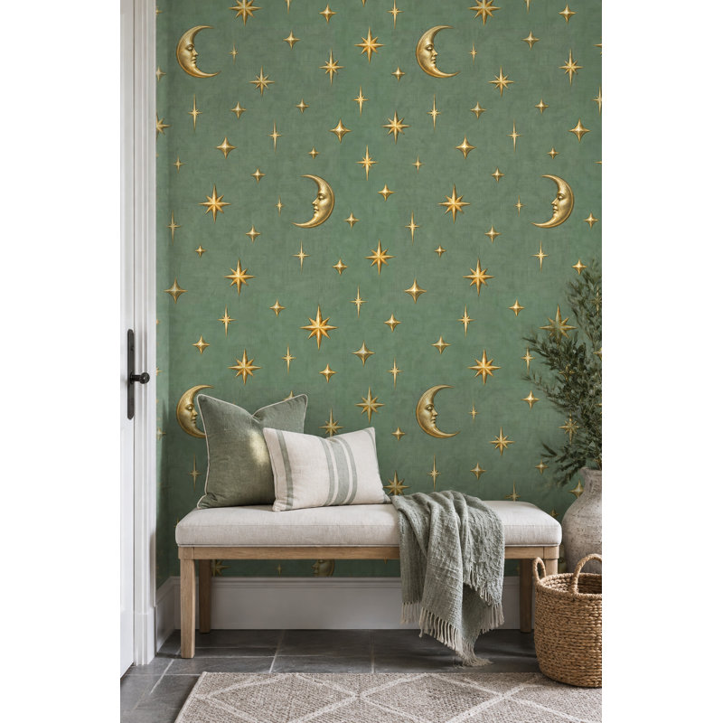 Motif céleste vert lune or et étoile, Peler et coller