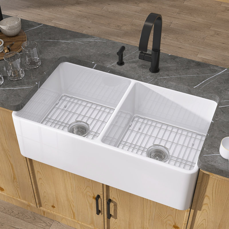 Echo Fireclay 33 in. White Farmhouse Sink Apron Front Farm Sink Double Bowl Kitchen Sink with Accessory Kit, White