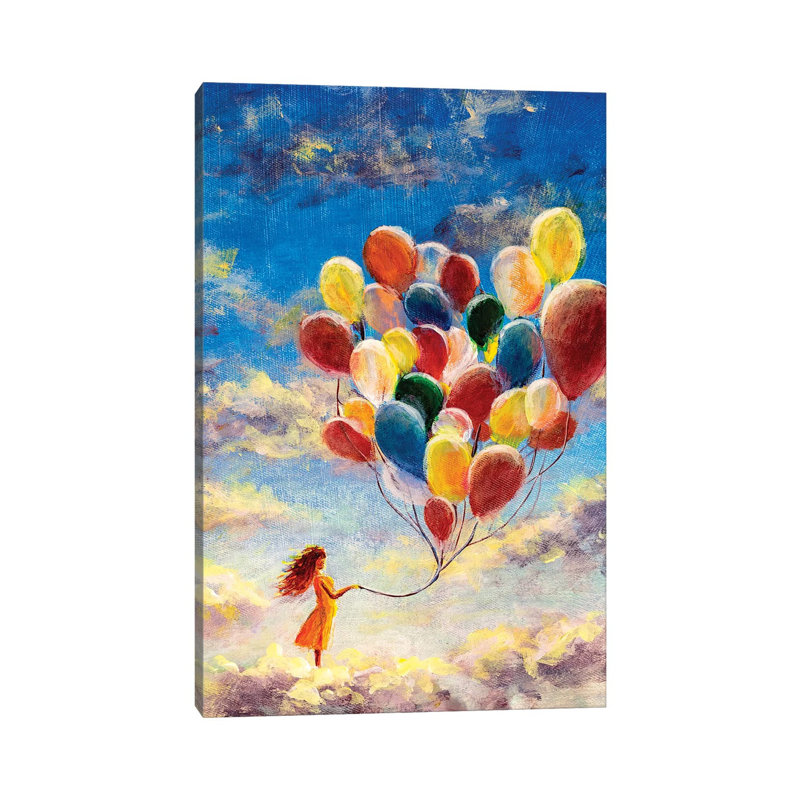 Woman Flying With Balloons Among The Clouds by Valery Rybakow - Wrapped Canvas Painting, 66.04 cm H x 45.72 cm W