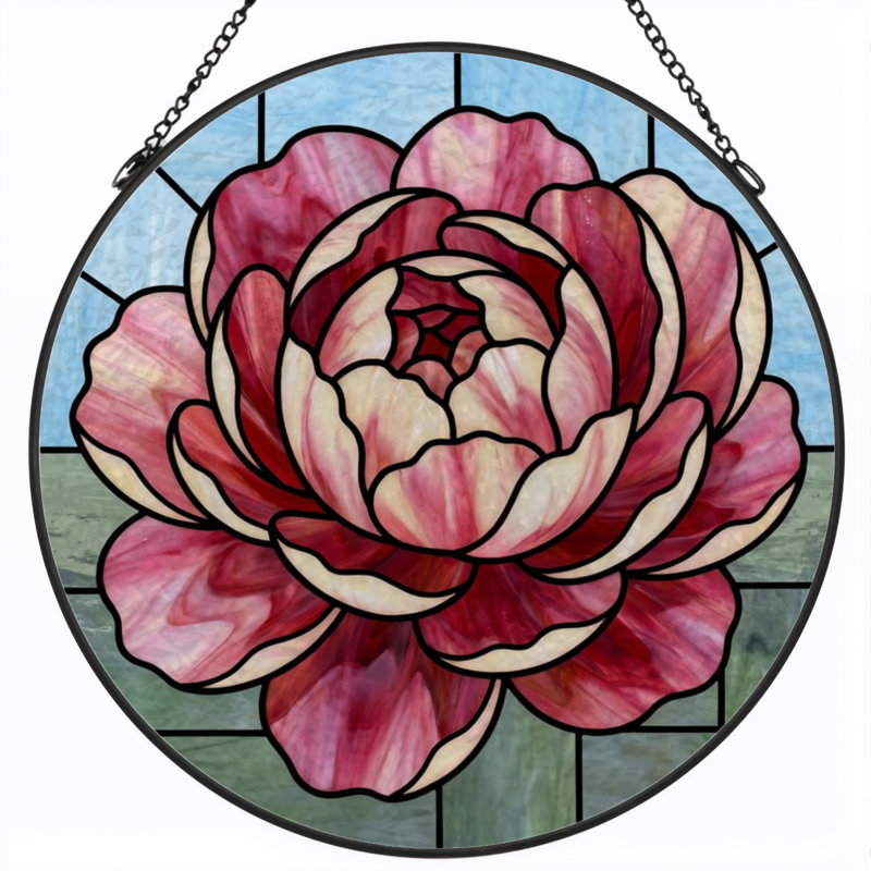 7.8"H Rose Pattern Stained Glass Window Panel, 7.8" H x 7.8" W