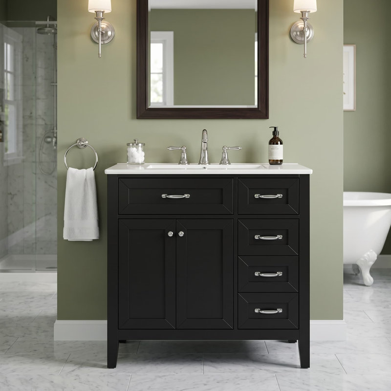 Meuble-lavabo de 91 cm (36 po) avec lavabo intégré, armoire de salle de bain noire avec tiroirs, Noir