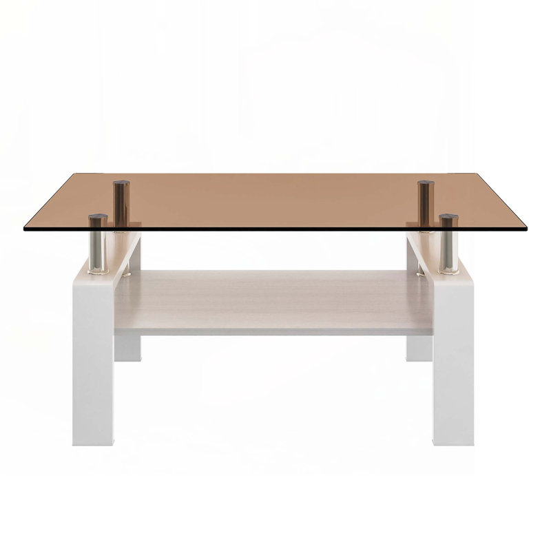 Table basse rectangulaire avec plateau de rangement en verre trempé et panneau de fibres à densité moyenne Fraiya, Brun