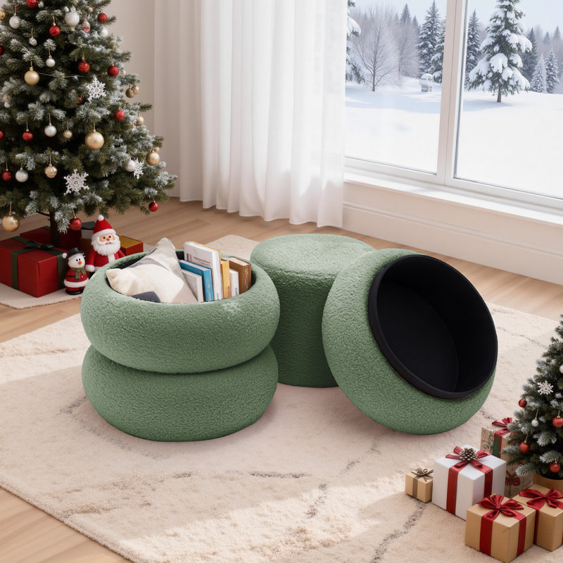 Round Ottoman with Storage, Teddy Velvet Upholstered Ottoman for Living Room and Bedroom(set of 2), Green