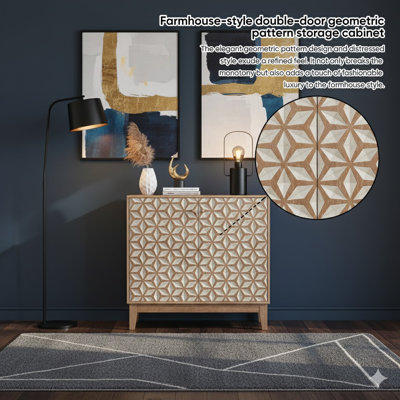 Buffet décoratif en bois à motif géométrique 31,5 "à 2 portes avec tablettes réglables, parfait pour le salon, la cuisine et la salle à manger