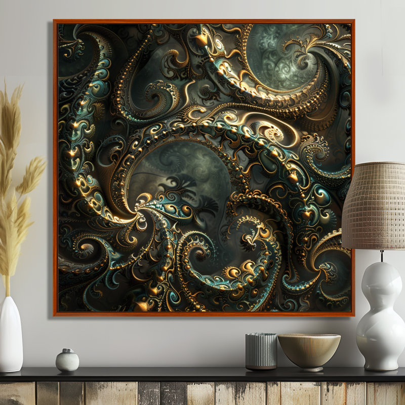 Rétro fractale tourbillonnante dorée - art mural fractales, Toile avec cadre flottant brun, H 36 po x l 36 po x P 1,5 po