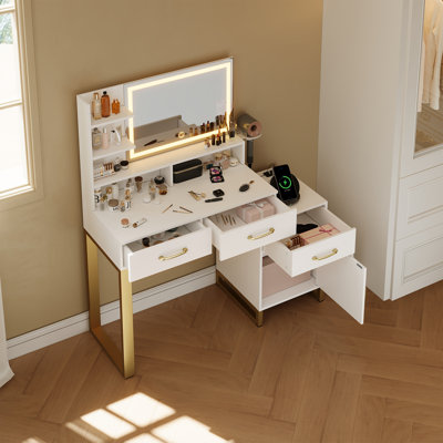 Ensemble de coiffeuse lumineuse avec miroir 3 modes et prises intégrées, commode blanche et dorée pour la chambre à coucher ou le vestiaire