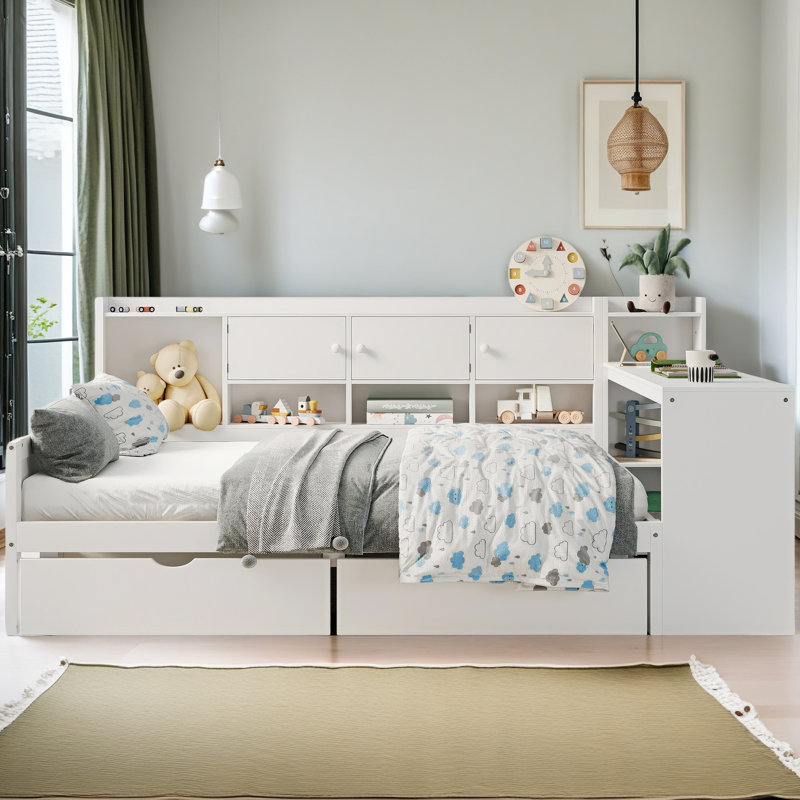 Lit de jour en L en bois avec sept armoires de rangement et deux tiroirs de rangement, lit multifonctionnel avec bureau d'étude et bibliothèque intégrée