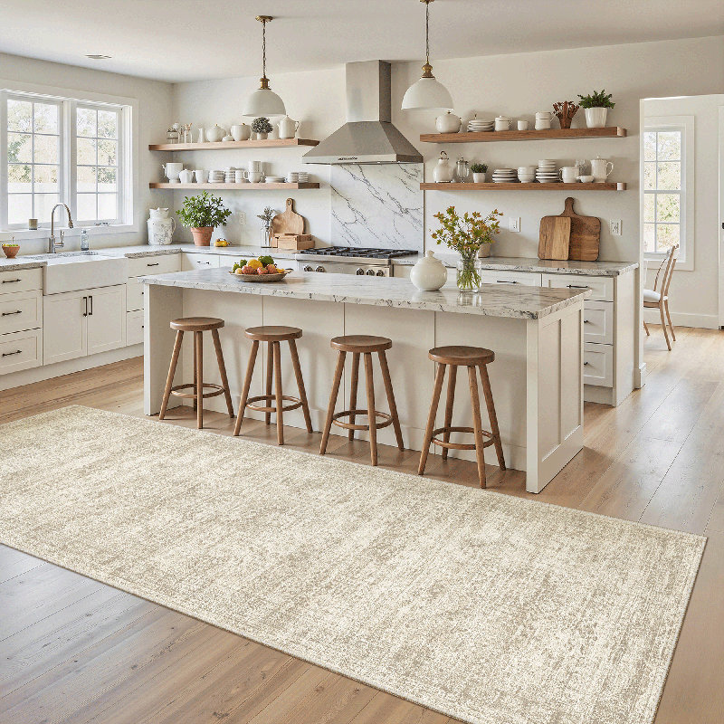 Washable Distressed Persian Rug, Beige, Runner 3' x 8'