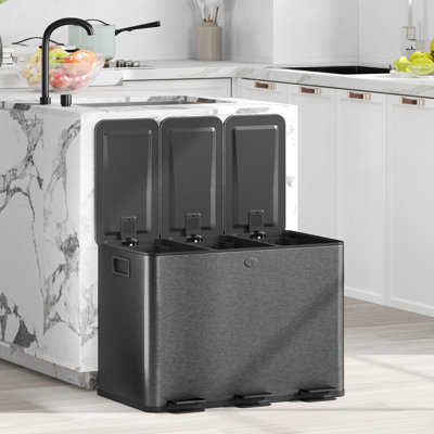 HOMCOM Triple Kitchen Bin 3 x 20L Pedal Bin Stainless Steel Black