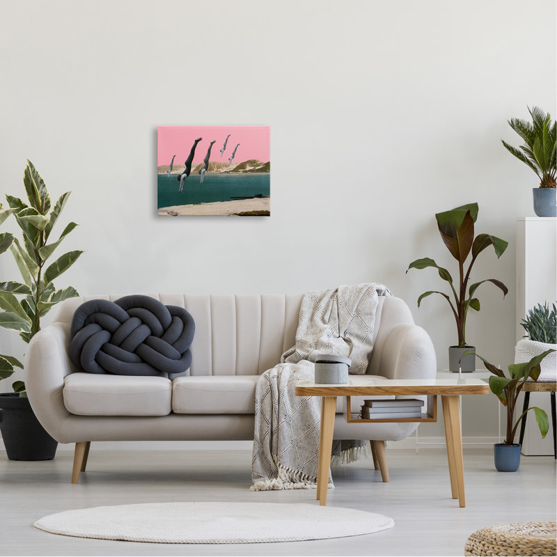Surreal Swimmers Diving Modern Pink Sunset Landscape by Cassia Beck - Print on Canvas, 20" W x 16" H, Wrapped Canvas