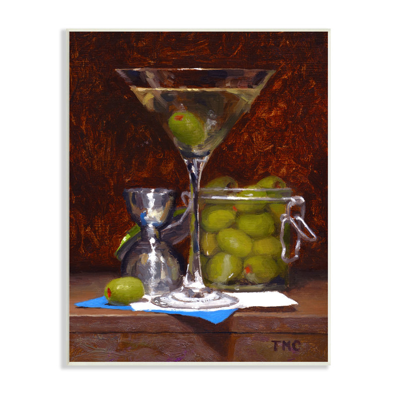 Olive Martini Cocktail Bar Dark Still Life par Todd M. Casey - Peinture, H 15 po x l 10 po x P 0,5 po, Plaque murale