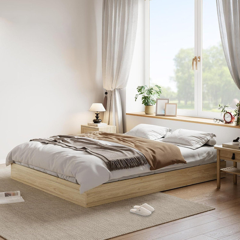 Base de lit plateforme moderne en bois minimaliste, lit silencieux sans tête de lit robuste, Très grand simple, Jaune