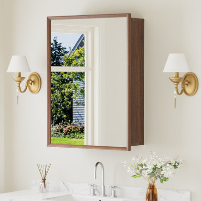 Armoire à pharmacie en bois à finition biseautée l 20 po x H 28 po avec miroir, tablettes réglables, charnières à fermeture en douceur et porte réversible, à fixation murale ou encastrée pour le rangement de maquillage, de rasage ou de meuble-lavabo