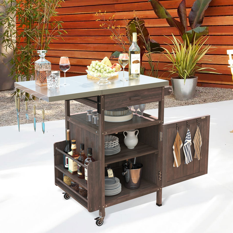 Chariot de barbecue extérieur en bois massif 40,5 po avec plateau en acier inoxydable, abattant et roulettes verrouillables, brun