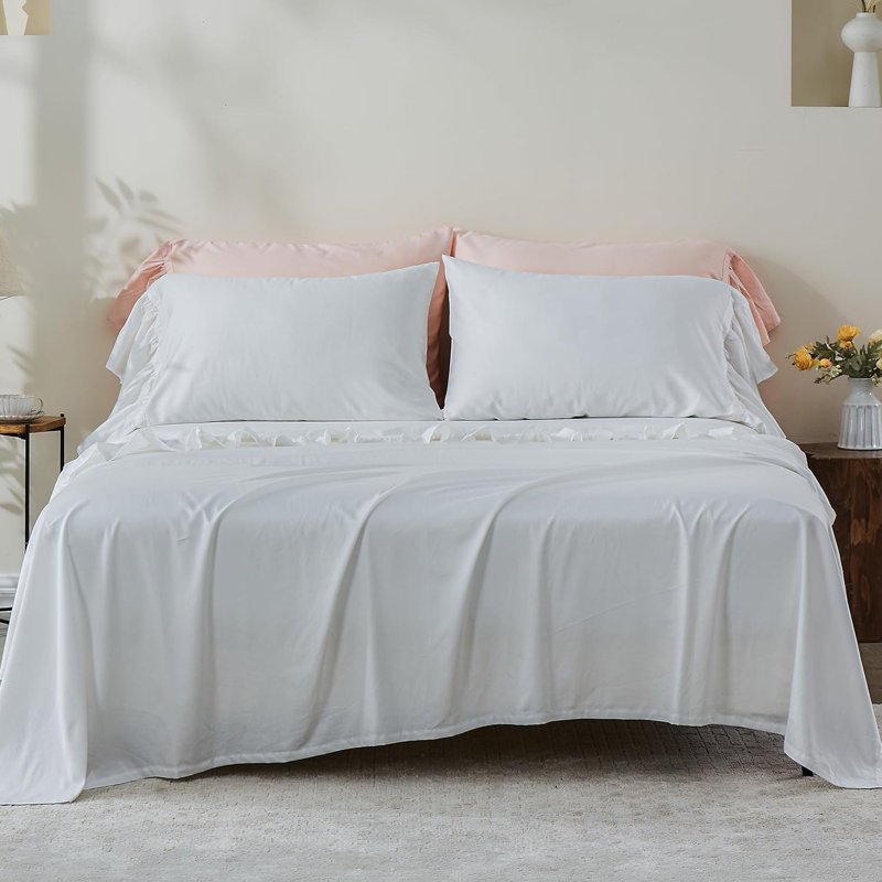 Ensemble de draps 100% coton Draps de lit à volants, Blanc, QUEEN 1 drap plat 1 drap-housse 2 taies d'oreiller