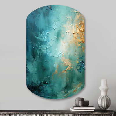 Teal Oasis III - paysages grand art mural en métal asymétrique, impression d'art moderne cylindrique