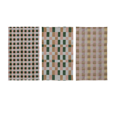 3-Piece Cotton Blend Printed Waffle Weave Tea Towel Set With Check And Plaid Patterns