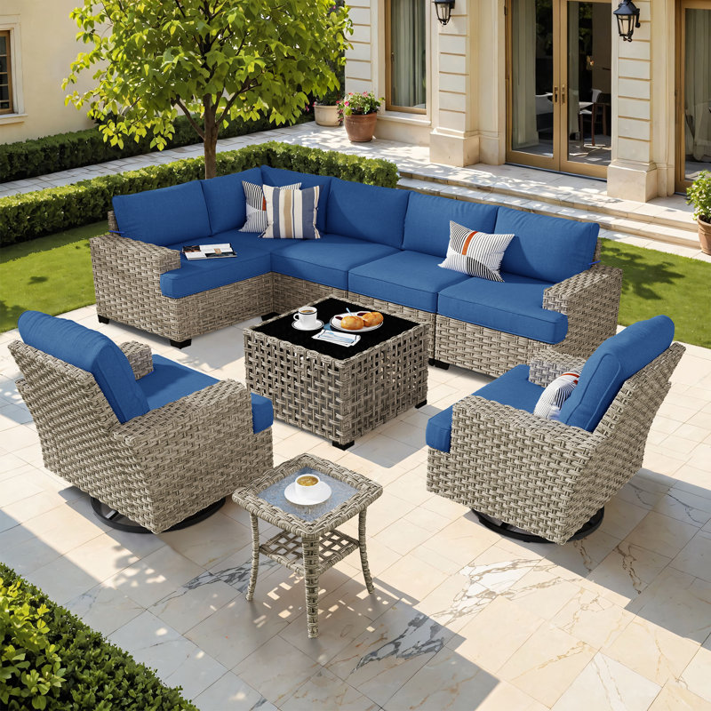 Ensemble de conversation d'extérieur en rotin pour 7 personnes avec chaises berçantes pivotantes, Marine