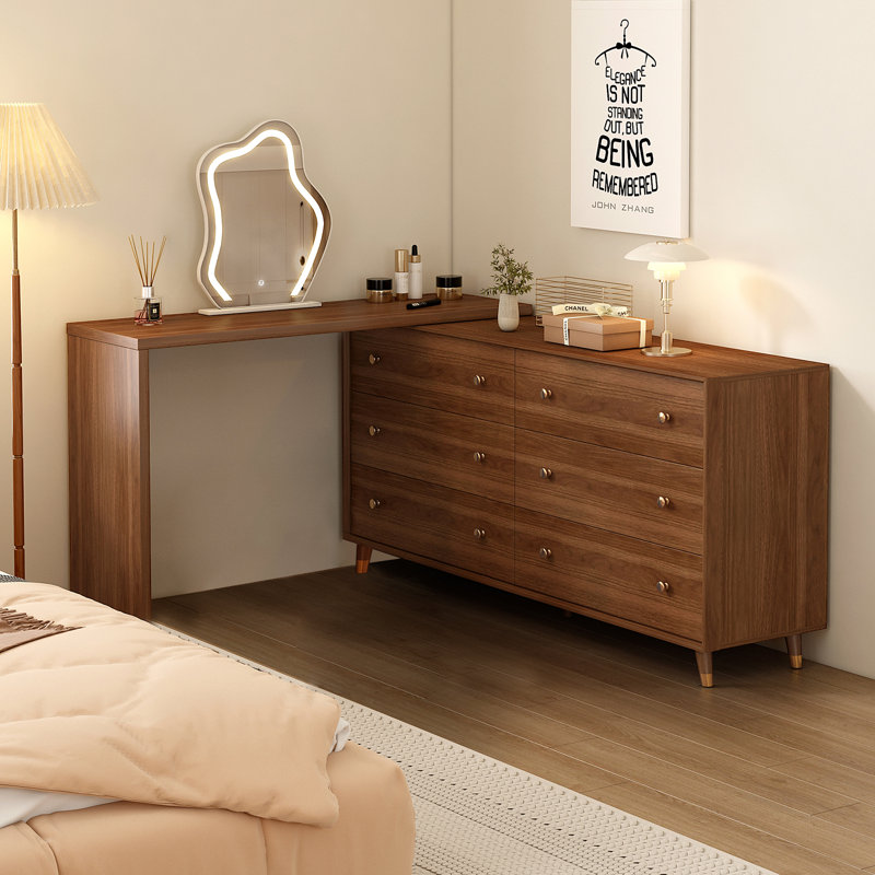 Bureau de coiffeuse avec miroir et lumières, commode de maquillage extensible noyer Mid-Century 60-100 pouces avec commode 6 tiroirs 55 po et bureau de coiffeuse en L, sans tabouret, brun