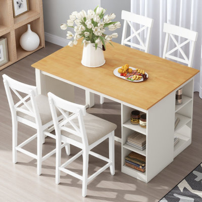 60"Lx30"W Solid Wood Farmhouse Counter Height Dining Table Set With 3-Tier Storage Shelves, Upholstered Dining Chairs For 4, 5-Piece