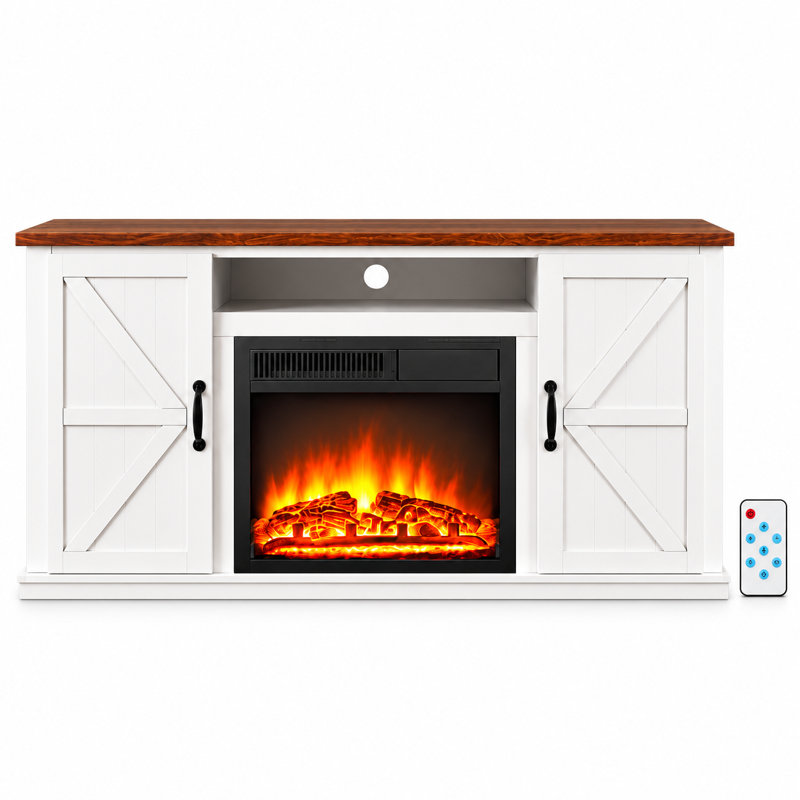 Meuble télé avec foyer électrique pour téléviseur de 55 po ou moins, foyer électrique avec luminosité de flamme à 7 niveaux, télécommande et armoires de rangement