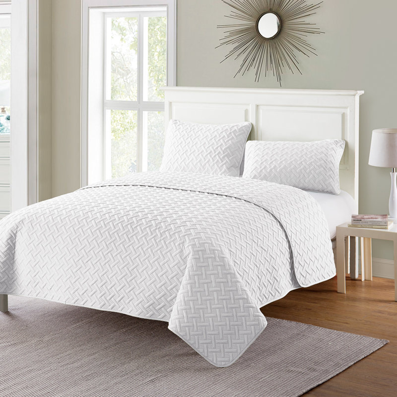 Ensemble de courtepointe à tissage de panier Nina, Blanc, Couvre-lit très grand et 2 taies décoratives