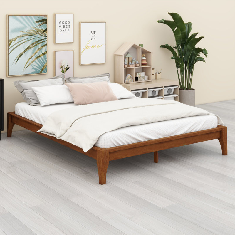Base de lit plateforme en bois avec support en lattes de bois, Brun